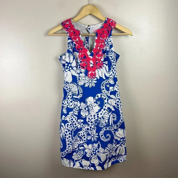 Lilly Pulitzer Augusta Shift Dress Size 00 Quahog Chowdah Blue Floral Preppy - Picture 1 of 10